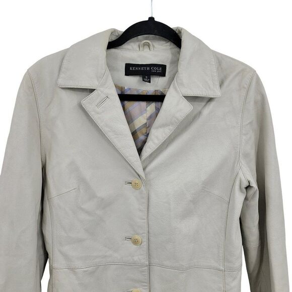 Kenneth Cole Leather Trench Coat Notch Collar Single Breasted Button Down Bone S - Picture 7 of 15